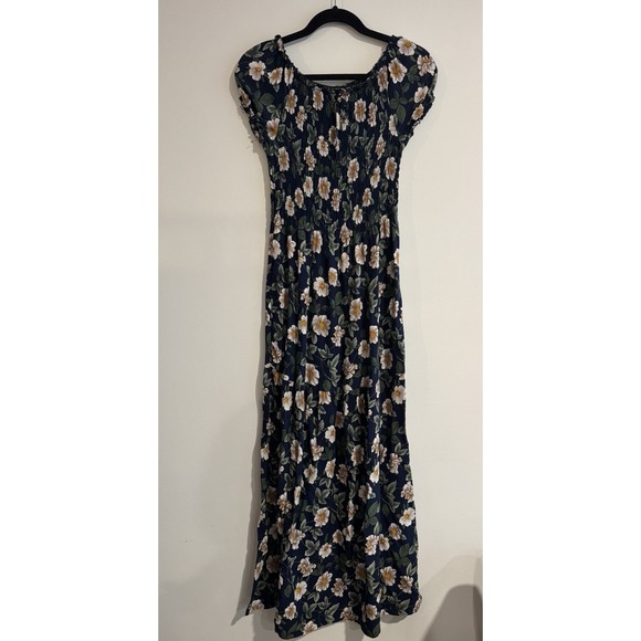 Anthropologie Kindred Tiered Ruched Maxi Dress Floral Navy Large Off Shoulder - Picture 4 of 6